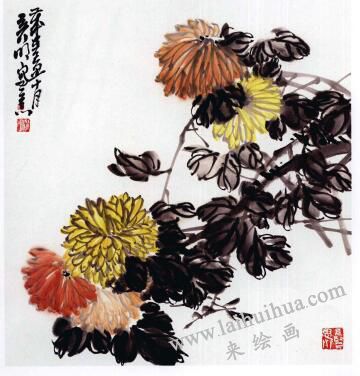 國畫菊花的范畫練習(xí)步驟04，范例二