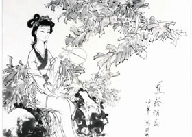 蕉蔭消夏白描仕女畫稿