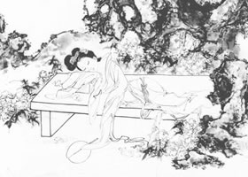 湘云醉臥白描仕女畫稿