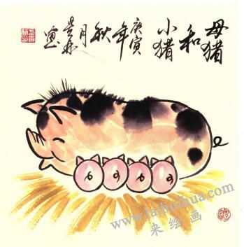 母豬和小豬兒童水墨畫畫法步驟05