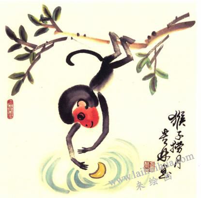 猴子撈月兒童水墨畫畫法步驟05