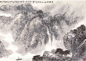 水墨山水畫《云霧鎖峽江》作品