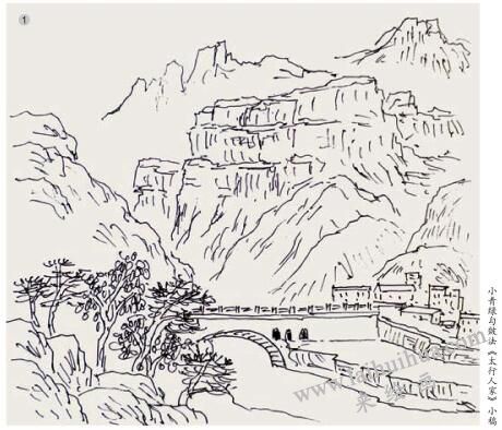 小青綠薄染法創(chuàng)作《太行人家》步驟01