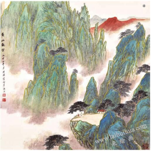 勾金薄彩法《黃山觀云》步驟04