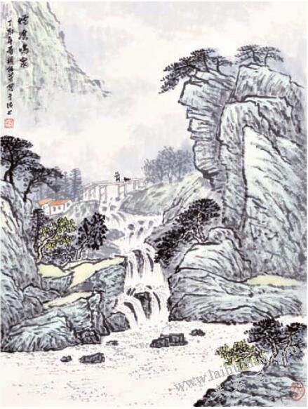 勾線法畫泉瀑《煙溪鳴泉》