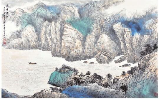 勾線法畫江河《急浪遇江》
