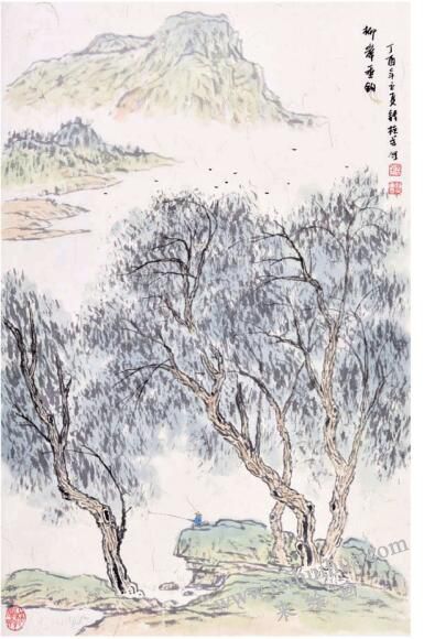 《柳岸垂釣》柳樹(shù)畫法