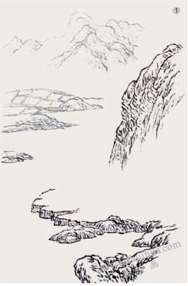 山水畫《湖山春色》的畫法步驟01
