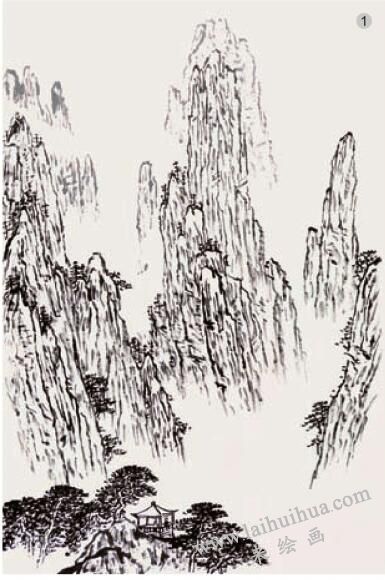 山水畫《雨中黃山》的畫法步驟01