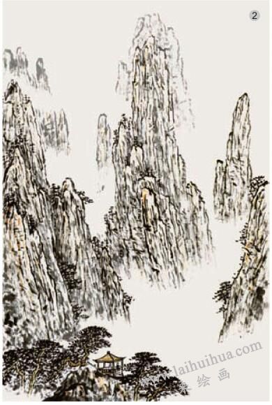 山水畫《雨中黃山》的畫法步驟02