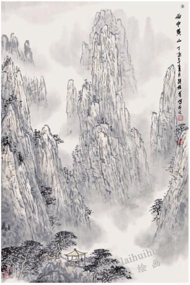 山水畫《雨中黃山》的畫法步驟03