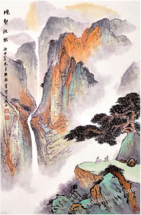 水墨、曙青重彩法《絕壑流秋》