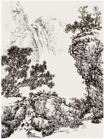 《觀瀑》積染法畫法步驟01