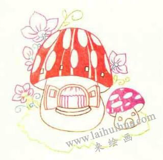 蘑菇房子色鉛筆簡(jiǎn)筆畫畫法步驟03