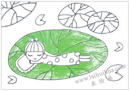 睡在荷葉上的娃娃油棒畫畫法步驟02