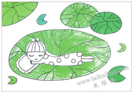睡在荷葉上的娃娃油棒畫畫法步驟03