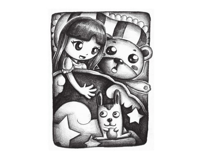 小女孩抱著兔子玩具睡覺創(chuàng)意素描畫法