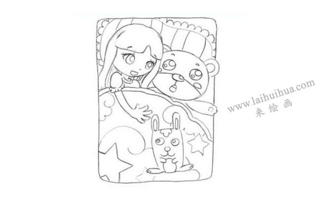 小女孩抱著兔子玩具睡覺創(chuàng)意素描畫法步驟02