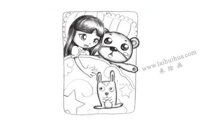 小女孩抱著兔子玩具睡覺創(chuàng)意素描畫法步驟03