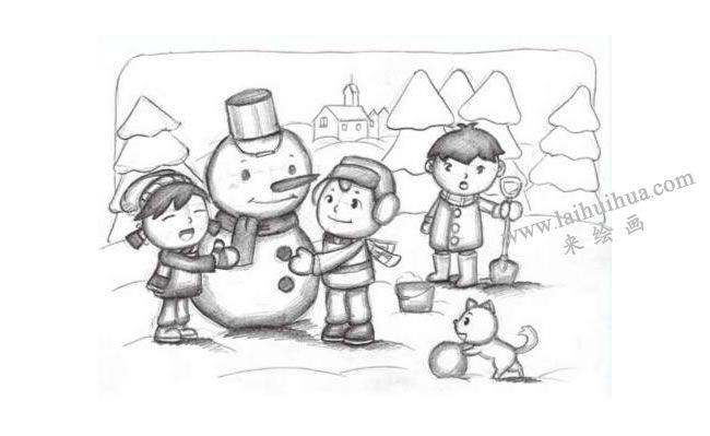 雪人（堆雪人）創(chuàng)意素描繪畫步驟03