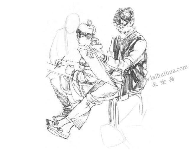畫室一角（作畫者們）速寫作畫步驟03