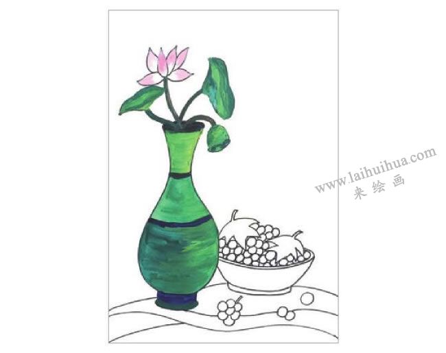 靜物組合花瓶和果盤水粉畫作畫步驟02