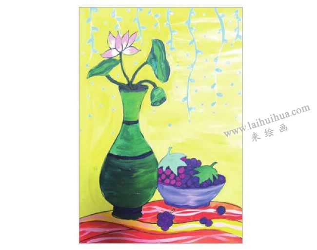 靜物組合花瓶和果盤水粉畫作畫步驟05
