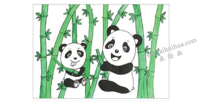 熊貓吃竹子水粉畫作畫步驟03