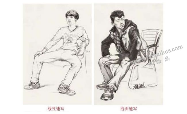 線性速寫(xiě)（左），線面速寫(xiě)（右）