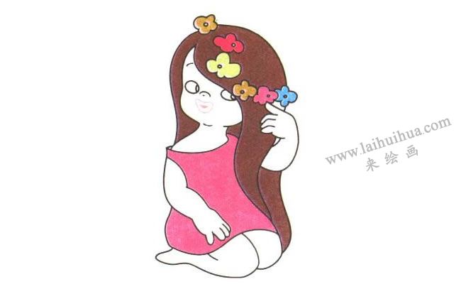 戴花的女孩兒童卡通畫