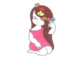 戴花的女孩兒童卡通畫