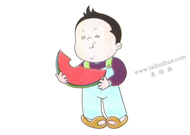 吃西瓜的胖胖兒童卡通畫