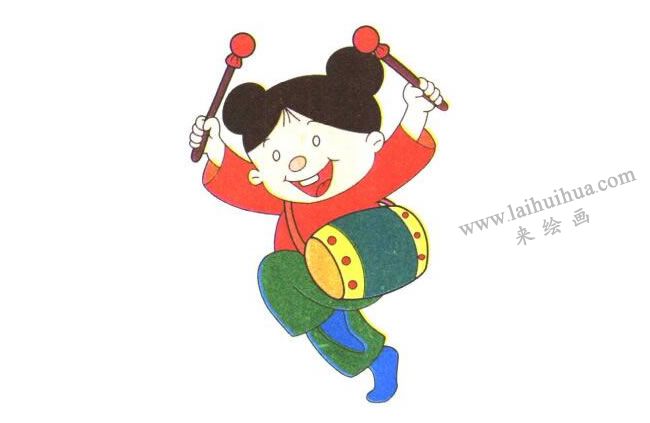打鼓女孩的兒童卡通畫