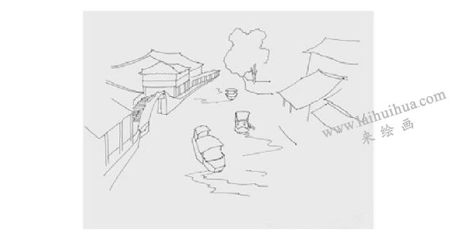 古鎮(zhèn)河道風(fēng)景速寫的畫法步驟01