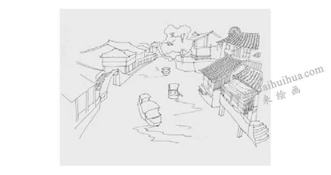 古鎮(zhèn)河道風(fēng)景速寫的畫法步驟02