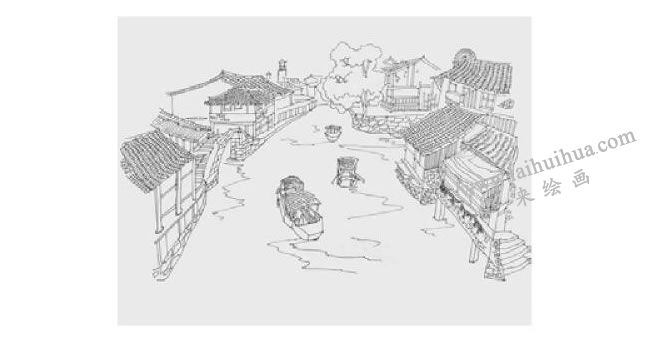 古鎮(zhèn)河道風(fēng)景速寫的畫法步驟03