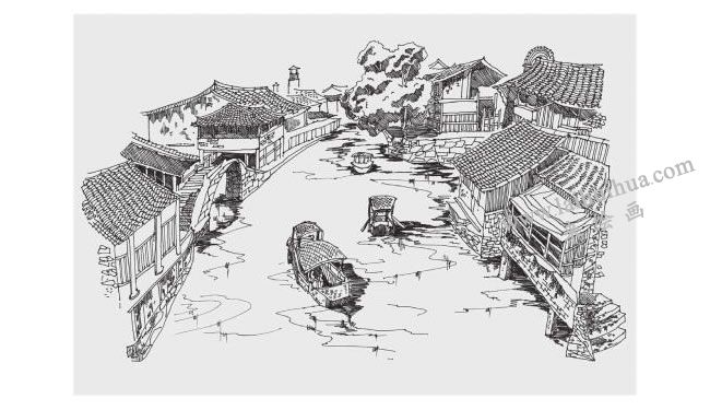 古鎮(zhèn)河道風(fēng)景速寫的畫法