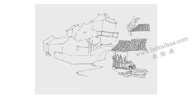河畔茶樓風(fēng)景速寫的畫法步驟02