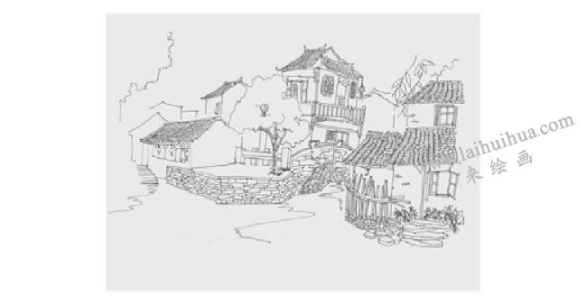 河畔茶樓風(fēng)景速寫的畫法步驟03