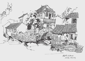 河畔茶樓風(fēng)景速寫的畫法步驟