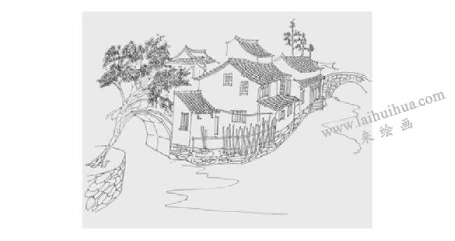 江南民居風(fēng)景速寫的畫法步驟03
