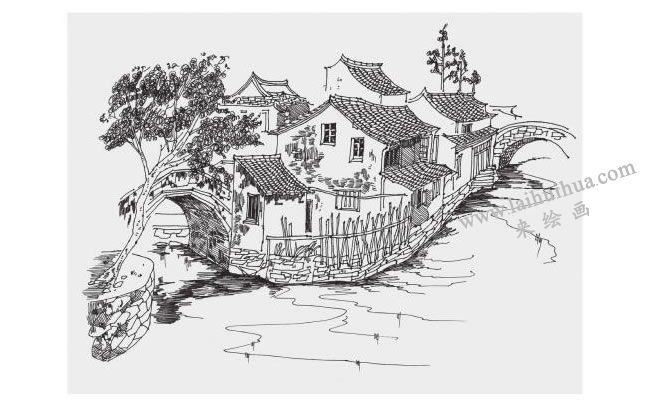江南民居風(fēng)景速寫的畫法步驟04