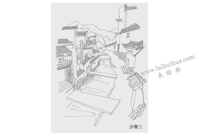 婺源水渠風(fēng)景速寫作畫步驟03