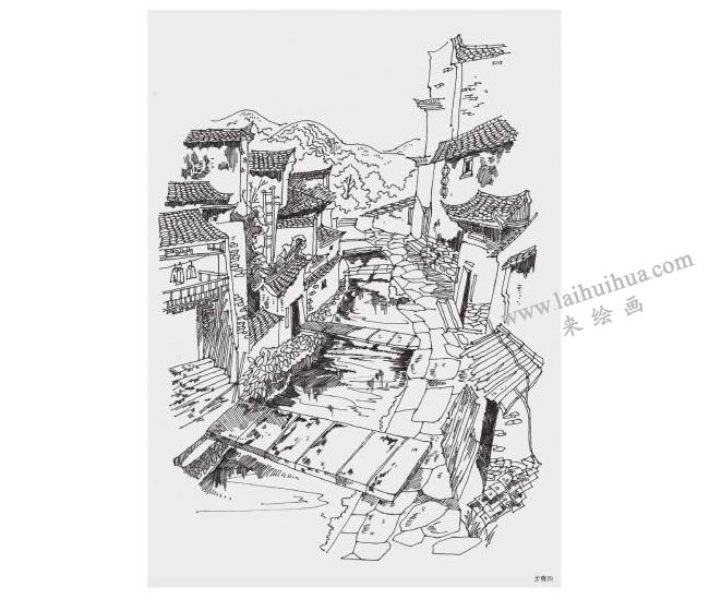 婺源水渠風(fēng)景速寫作畫步驟04
