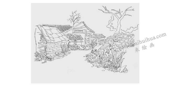 鄉(xiāng)村小屋風(fēng)景速寫畫法步驟03