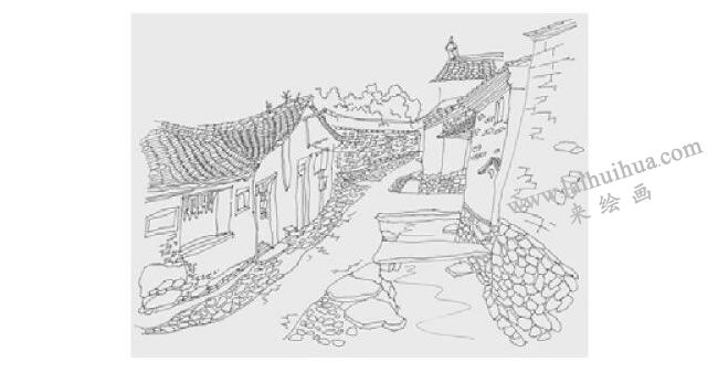 古鎮(zhèn)小巷風(fēng)景速寫畫法步驟03