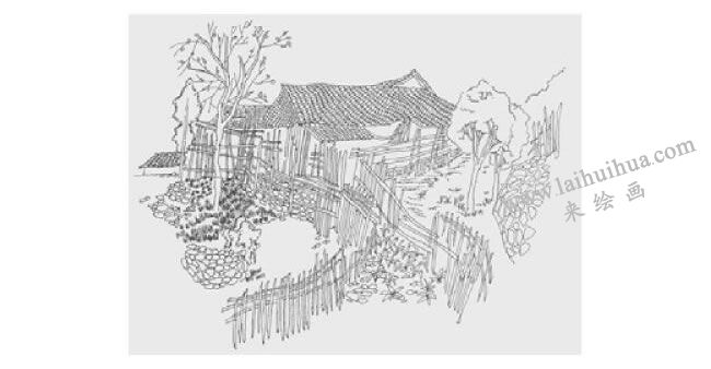 農(nóng)家小院風景速寫畫法步驟03
