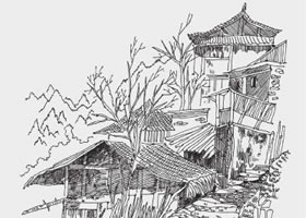 村褰石階風(fēng)景速寫畫法步驟