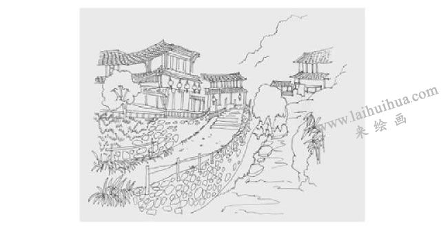 苗寨風(fēng)景速寫畫法步驟03