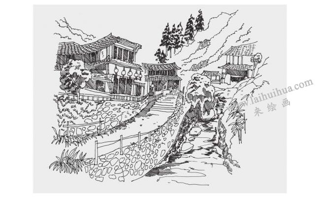 苗寨風(fēng)景速寫畫法步驟04